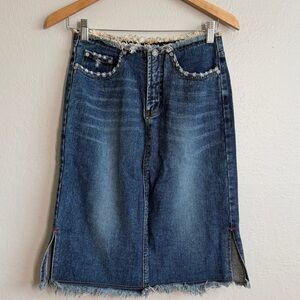 Vintage Wafeboy Denim Midi Skirt DistressedRaw Hem Y2K Grunge Size 27